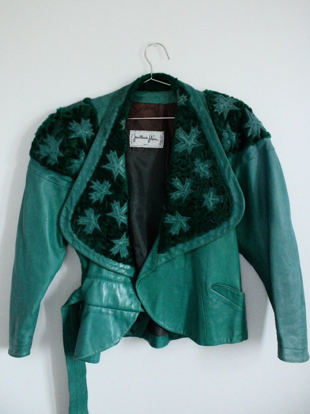 Jean Claude Jitrois Jacket Womens M Green Leather Star Trim Belted Vintage